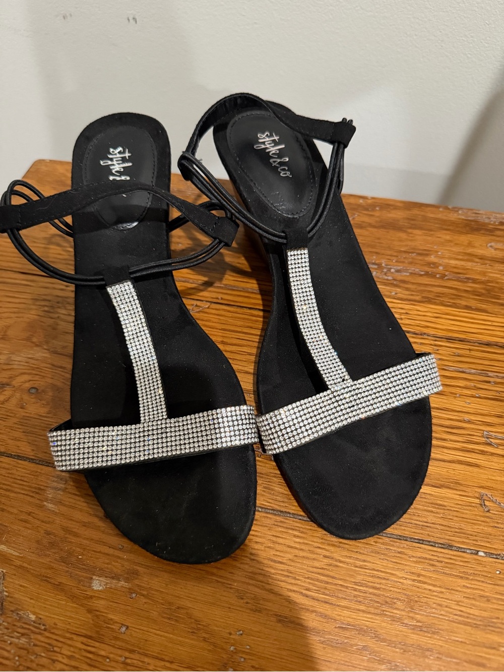 Style & Co. Black T-Strap Sandals with Rhinestone Straps